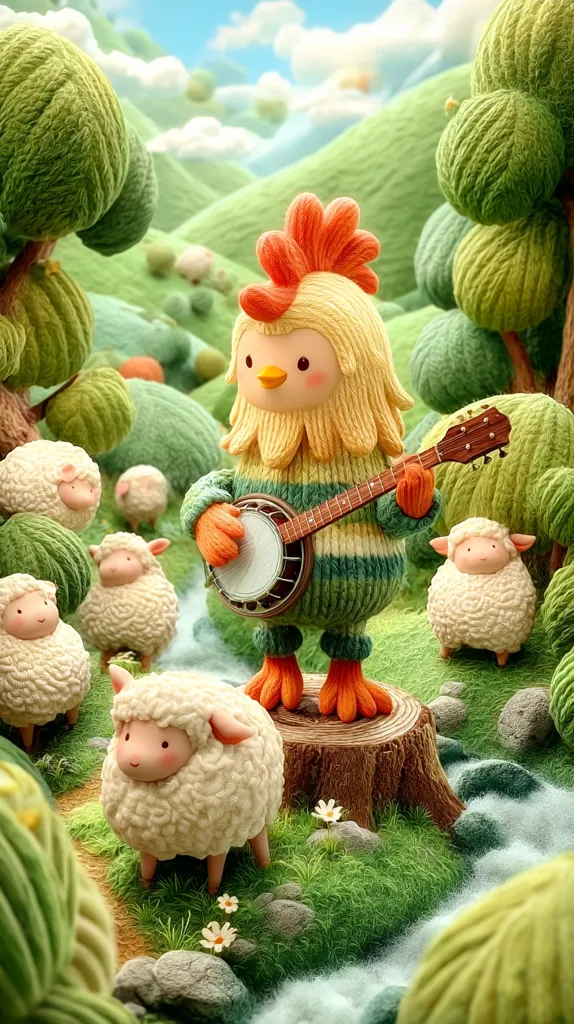 A charming rooster, crafted from yarn, plays a banjo atop a tree stump.  Surrounding it are several fluffy, yarn-like sheep, creating a whimsical, idyllic pastoral scene.  The setting is a vibrant green landscape with textured yarn trees and a soft, dreamy atmosphere. The image is filled with cute, handcrafted charm.