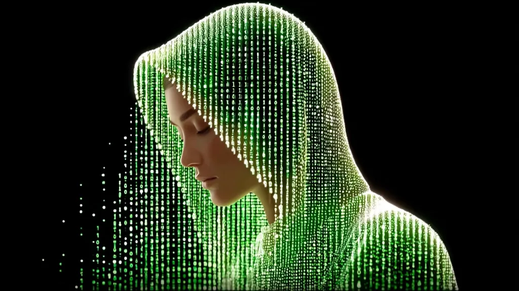 A stylized image depicts a woman's profile shrouded in a hooded cloak composed of cascading green binary code.  The code appears to flow from her head and shoulders, creating a visually striking effect against a stark black background.  Her eyes are closed, suggesting a state of contemplation or connection to the digital world represented by the code. The overall impression is one of mystery and technological integration.