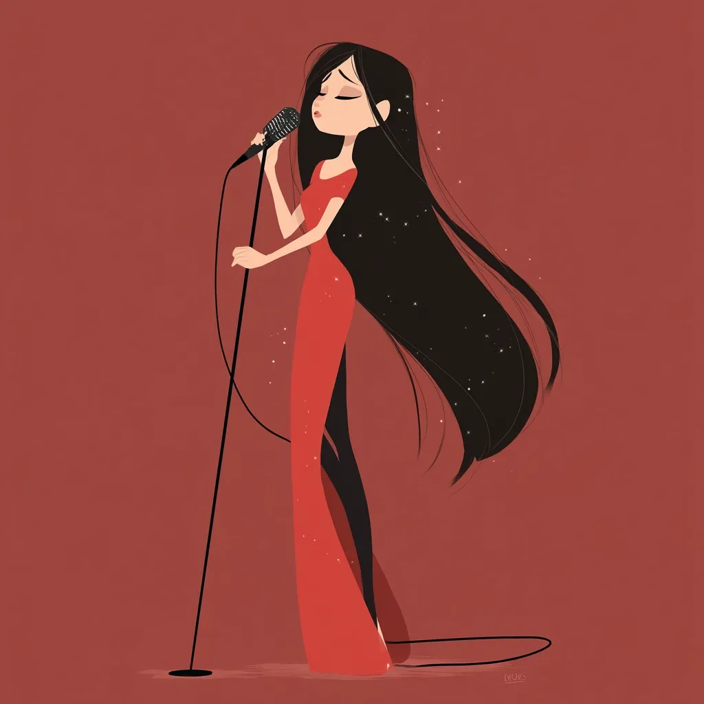 A stylized illustration depicts a woman with long black hair, wearing a flowing red gown, singing into a microphone.  The minimalist style features a muted red background and subtle sparkles around the singer, creating a calm and elegant atmosphere. The woman's pose and closed eyes suggest a moment of intense concentration and emotional delivery in her performance.