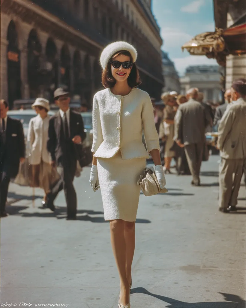 A stylish woman in a chic cream-colored suit walks down a Parisian street.  She wears a matching skirt and jacket, white gloves, a white beret, and dark sunglasses. The sunlit scene shows a bustling city background, with other pedestrians blurred in the background.  Her confident stride and elegant attire create a timeless image of Parisian fashion.