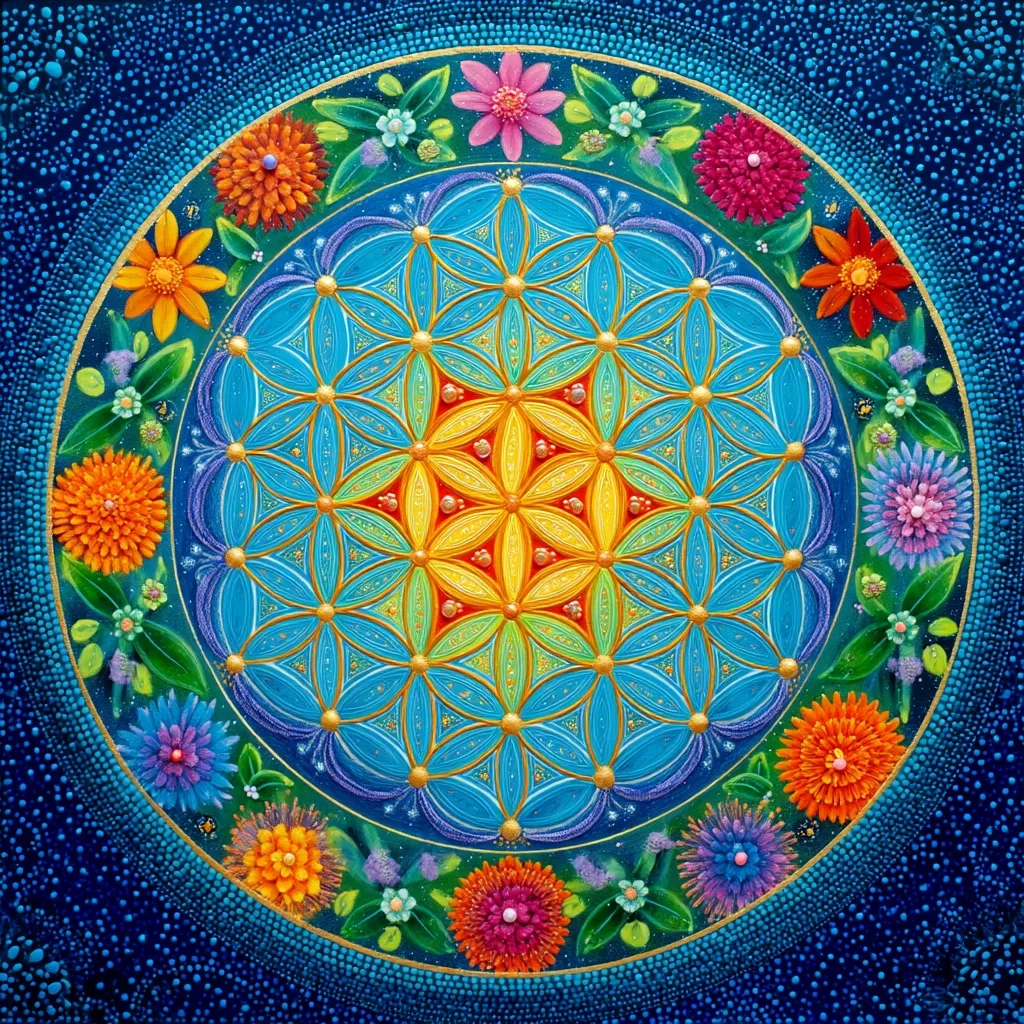 A vibrant circular artwork features a Flower of Life mandala in teal, yellow, and orange hues at its center.  The mandala is surrounded by a ring of realistically rendered colorful flowers in varying shades, including pinks, oranges, and purples, set against a deep blue background speckled with tiny dots. The piece is rich in detail and texture, creating a visually captivating and spiritually evocative image.