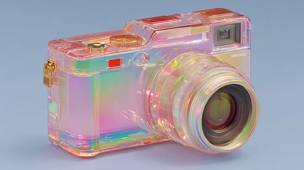 A translucent, iridescent pink and gold camera, possibly a digital SLR, is shown against a light blue background.  The camera body is largely transparent, revealing internal components subtly. Gold accents on the dials and lens ring complement the pastel color scheme. The brand name "sedosia" is visible.  The overall style is modern and whimsical.