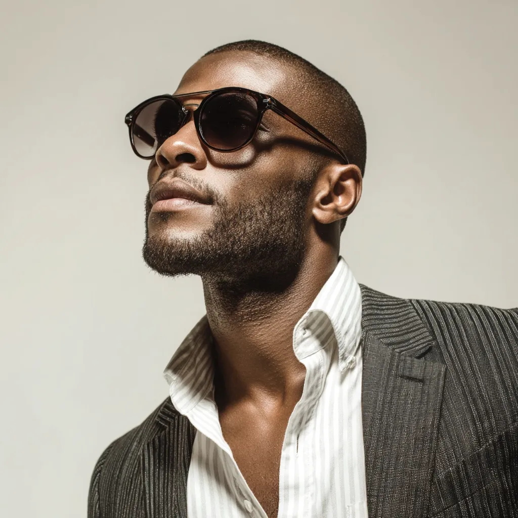 A stylish Black man with short hair and a well-groomed beard gazes upward, wearing dark, round sunglasses.  He is dressed in a crisp white, pinstriped shirt and a dark gray, textured blazer.  The image is softly lit against a neutral background, emphasizing his confident and sophisticated demeanor.