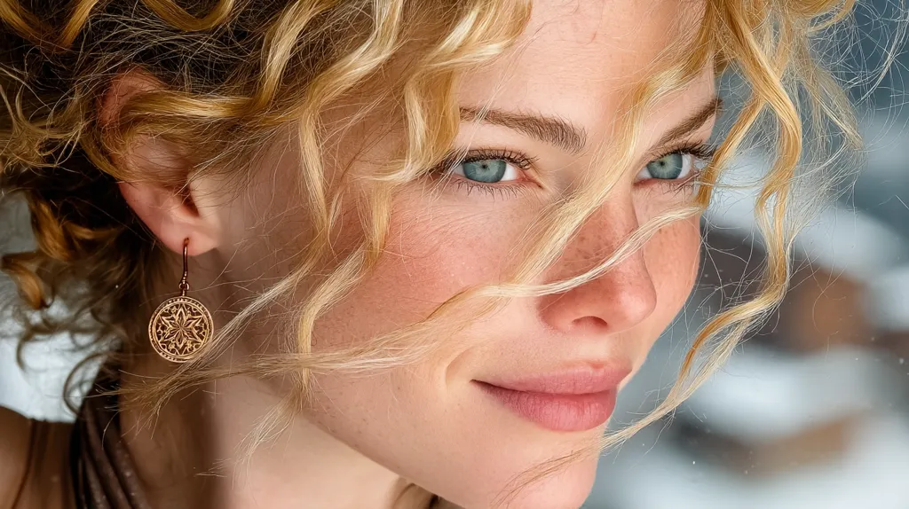 Close-up portrait of a young woman with blonde, curly hair partially obscuring her face.  She has light skin, freckles, and striking blue eyes.  She wears delicate, ornate gold earrings.  Her expression is soft and slightly pensive, creating a gentle and alluring image.