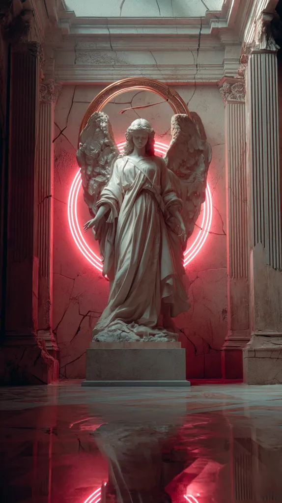 A marble statue of an angel, wings outstretched, stands on a pedestal in a dilapidated, classical hall.  A vibrant pink neon circle haloes the statue, creating a stark contrast between the ancient architecture and modern lighting. The floor is wet, reflecting the neon glow and the angel's form. The scene is both serene and unsettling, blending classical beauty with a hint of decay and modern aesthetics.