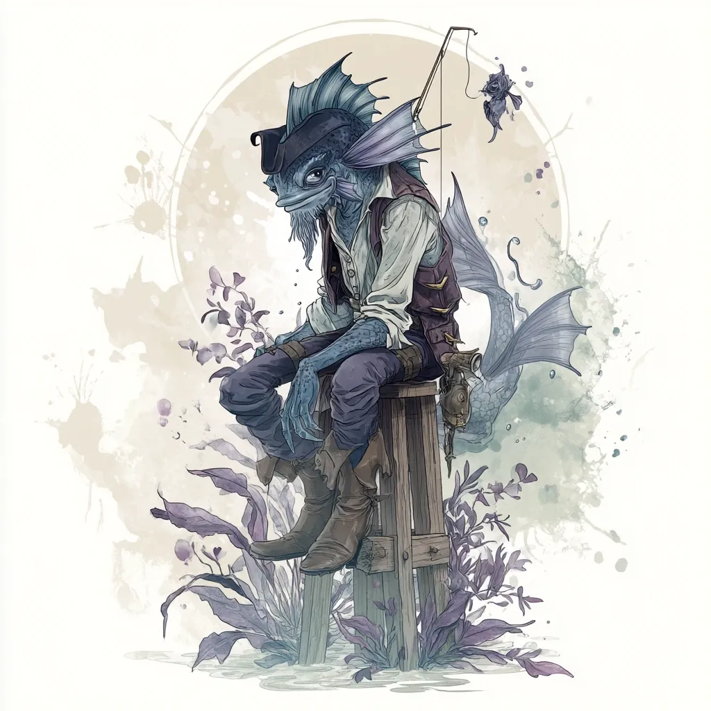 A whimsical illustration depicts a blue, fish-like creature, dressed in pirate attire—a tricorne hat and waistcoat—seated on a wooden stool.  Its fish tail extends behind it, and a fishing rod with a small fish hangs nearby.  The scene is rendered with soft watercolor-like textures and surrounded by stylized aquatic plants, creating a serene yet fantastical atmosphere. The creature's pensive expression adds a touch of melancholy to the artwork.
