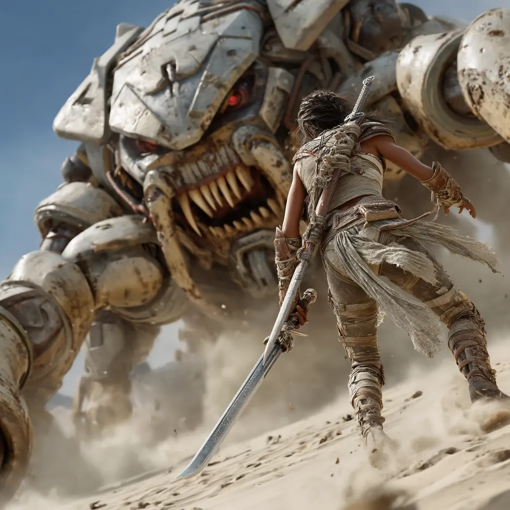 A female warrior, clad in desert attire and wielding a long sword, bravely faces a colossal, menacing mechanical beast.  The creature, a towering metal monstrosity with glowing red eyes and sharp teeth, looms over her in a sandy wasteland. Dust billows around them as the warrior prepares for a confrontation, creating a dramatic and intense scene.