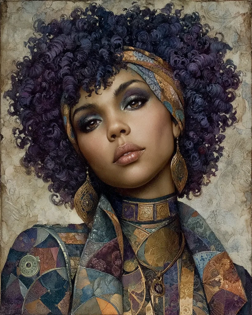 A portrait of a woman with a large, dark afro. She wears a patterned headscarf, ornate gold jewelry, and a richly textured jacket composed of patchwork fabrics in deep blues, purples, and golds. Her expression is serious and her gaze is direct, creating a powerful and striking image.  The background is a muted, textured beige. The style is reminiscent of hyperrealism with an emphasis on intricate detail and rich color.