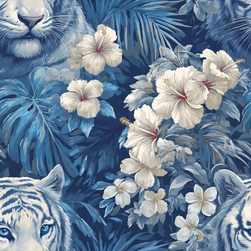 A seamless pattern showcases a vibrant jungle scene in shades of blue.  Large, stylized white hibiscus flowers and lush tropical leaves form a dense backdrop.  Two majestic white tigers, partially visible, peek from behind the foliage, their piercing blue eyes adding a striking contrast to the serene floral design. The overall effect is one of exotic elegance and captivating mystery.