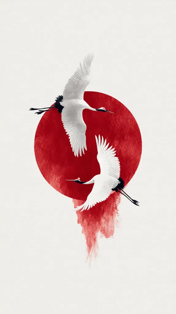 Two elegant white cranes gracefully fly against a backdrop of a large, red watercolor circle. The cranes are depicted with intricate detail, their wings outstretched in mid-flight. The red circle resembles a stylized sun or rising sun, adding a symbolic element to the artwork. The overall style is minimalist and evokes a sense of serenity and balance. The image is set against a plain off-white background, which emphasizes the vibrant colors of the cranes and the circle.