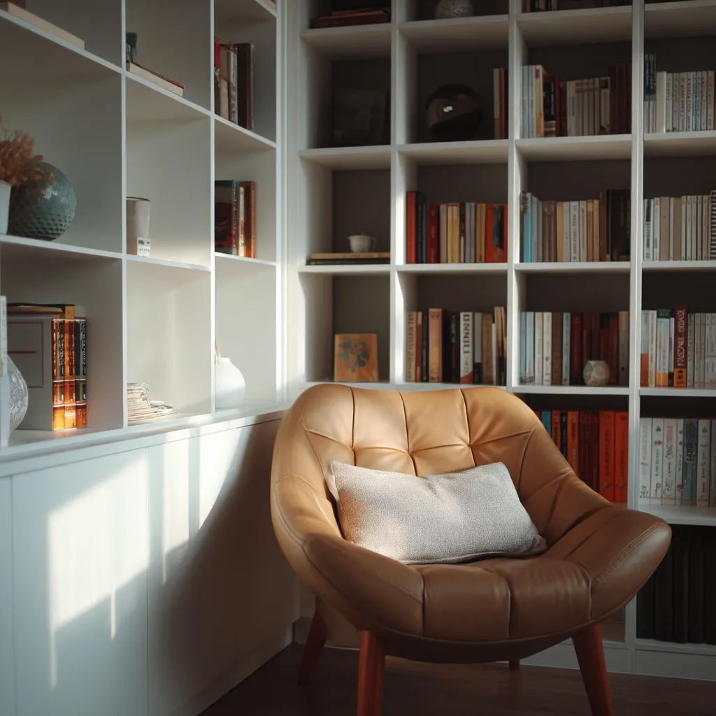 Sunlight streams into a cozy reading nook, illuminating a tan leather armchair with a light gray pillow.  Built-in white bookshelves, filled with numerous books, surround the chair, creating a calming and studious atmosphere.  Small decorative items add personal touches to the shelves. The overall aesthetic is minimalist and serene.