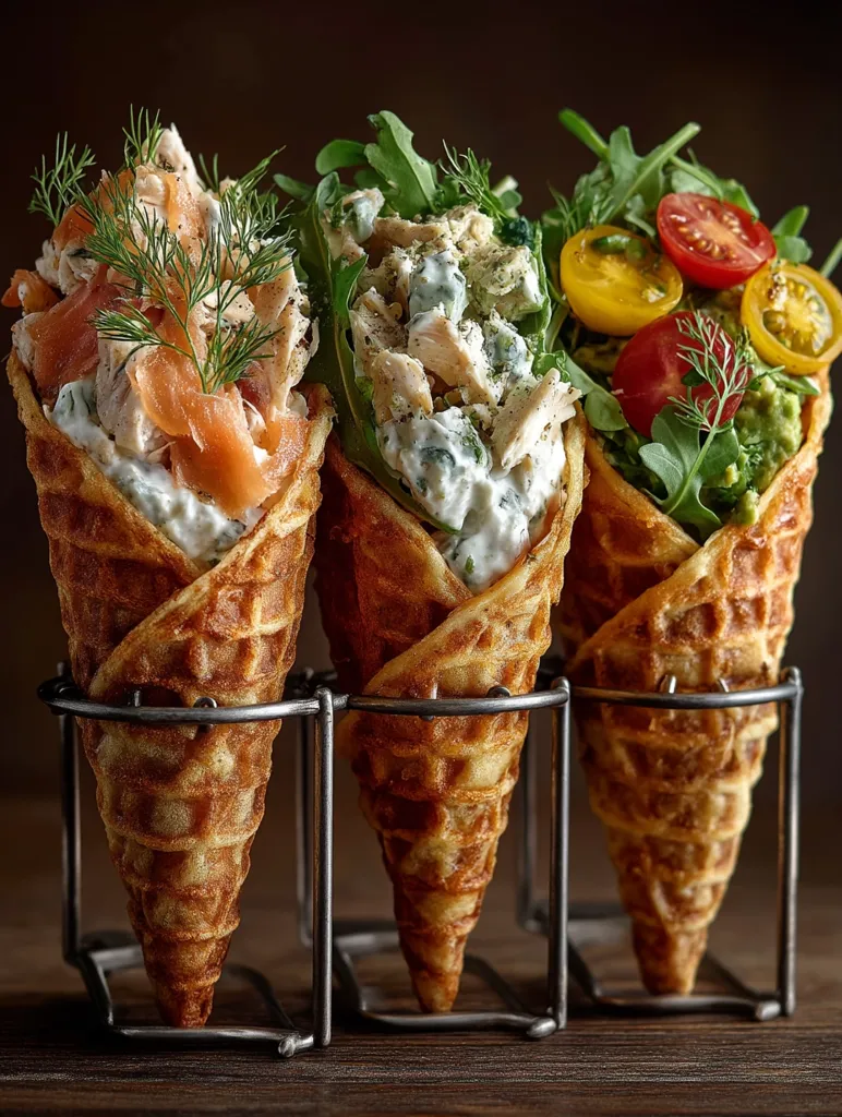 Three waffle cones filled with different savory salads are presented in a metal rack.  The first features smoked salmon and dill; the second, chicken salad with spinach; and the third, a vibrant mix of avocado, cherry tomatoes, and arugula.  The cones are beautifully arranged, showcasing a delightful and sophisticated appetizer or snack.