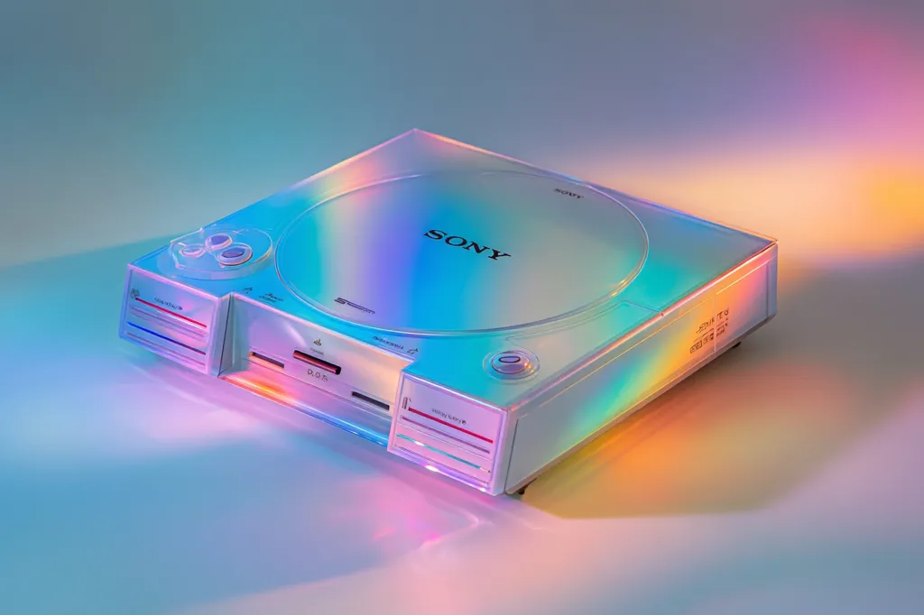 A translucent, iridescent Sony PlayStation console is showcased against a pastel backdrop.  The console's design features a clear casing that reveals internal components, highlighted by vibrant, multicolored lighting.  The iconic Sony logo is visible on the top surface.  The image evokes a nostalgic, retro aesthetic.