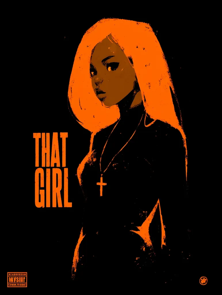 A stylized portrait of a young Black woman with vibrant orange hair dominates a black background.  The image is rendered in a bold, almost grunge-like style with heavy outlines and textural elements.  The words "THAT GIRL" are prominently displayed.  She wears dark clothing and a cross necklace, adding a layer of visual interest.  The overall effect is striking and edgy.