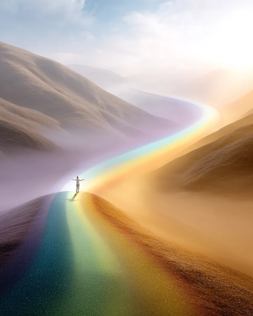 A solitary figure stands with arms outstretched on a mountain path, a vibrant rainbow arc stretching before them.  The path winds through a misty, mountainous landscape, bathed in a warm, ethereal light. The scene evokes a sense of hope, journey, and spiritual awakening, with the rainbow symbolizing promise and possibility. The vastness of the landscape emphasizes the individual's smallness yet courageous pursuit.
