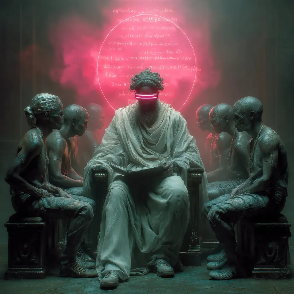 A futuristic depiction of a robed figure, seemingly a leader or teacher, sits on a throne, wearing a glowing pink visor.  Surrounding him are several statuesque figures, their expressions solemn and attentive.  A circular halo of equations or code floats above the central figure, blending ancient and modern aesthetics in a surreal scene. The overall atmosphere is one of enigmatic authority and technological mystery.