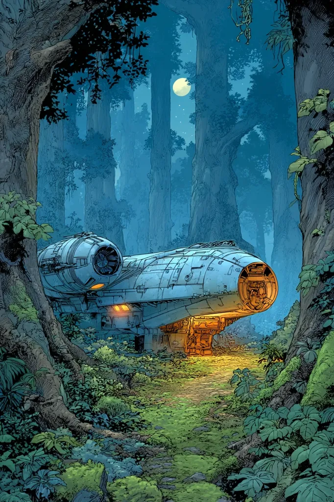The Millennium Falcon is hidden in a dense, moonlit forest.  Tall trees surround the iconic spaceship, partially obscured by lush undergrowth. A path leads to the ship's open cargo bay, casting a warm glow against the cool blues and greens of the night.  The scene evokes a sense of secrecy and adventure, suggesting a hidden base or a clandestine meeting.