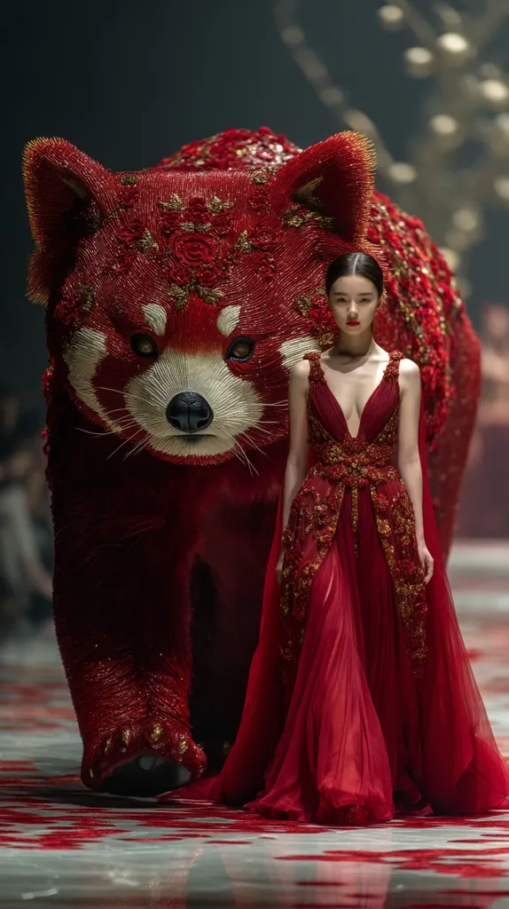 A runway model in a stunning red, embellished gown walks alongside a large, red, beaded red panda. The panda, a work of art, matches the model's dress in color and intricate detail.  The scene is dramatic and luxurious, with a dark background highlighting the red tones. The overall effect is one of fantasy and high fashion.