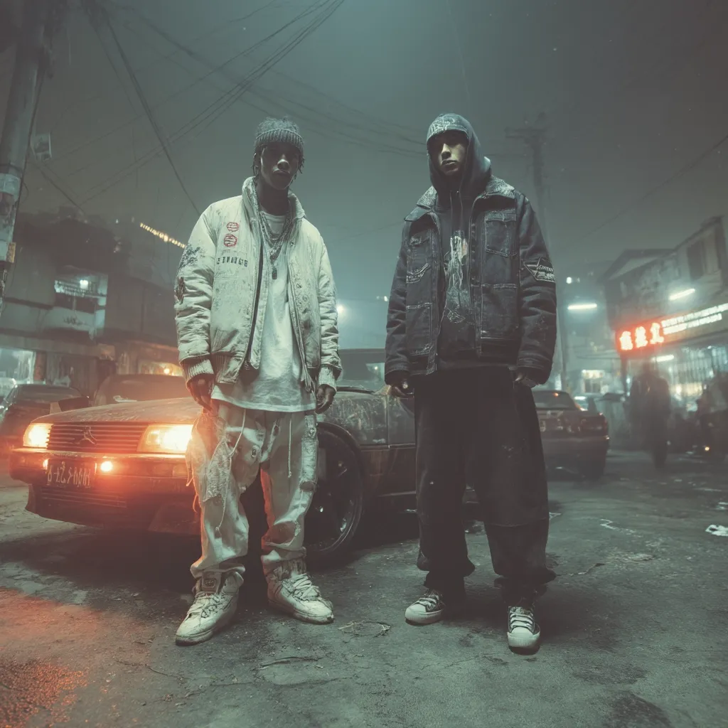 Two young men in stylish streetwear stand beside a weathered car in a dimly lit, urban setting.  The atmosphere is moody and atmospheric, with a hazy fog or smoke adding to the gritty ambiance. One man wears a cream bomber jacket and light-colored pants, while the other is clad in a dark denim jacket and loose-fitting black trousers.  The background features indistinct buildings and streetlights, enhancing the overall nocturnal feel.