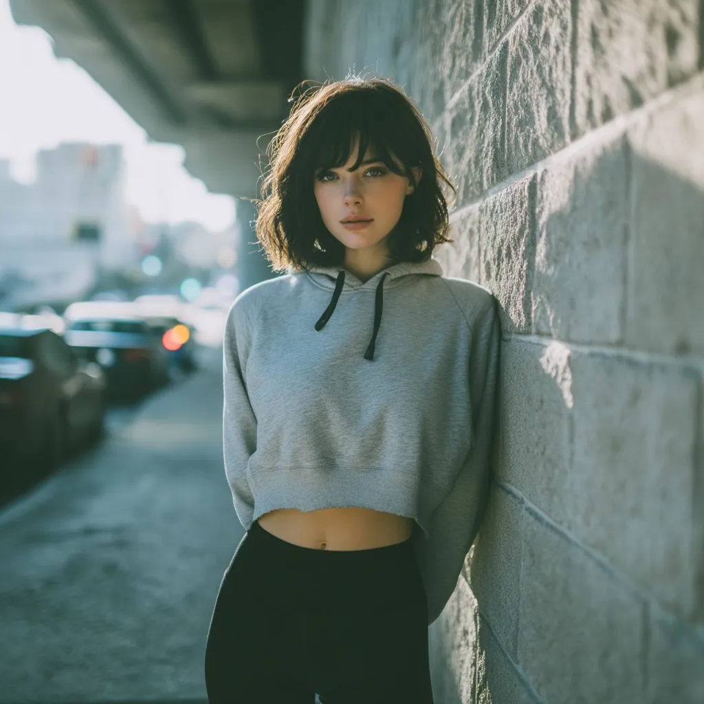 A young woman with shoulder-length, dark brown hair and bangs leans against a textured gray brick wall. She wears a light gray cropped hoodie and black leggings, creating a casual yet stylish look.  The background is slightly blurred, showing an urban setting with parked cars and a hint of city buildings in the distance. Sunlight casts shadows on the wall, enhancing the image's mood.
