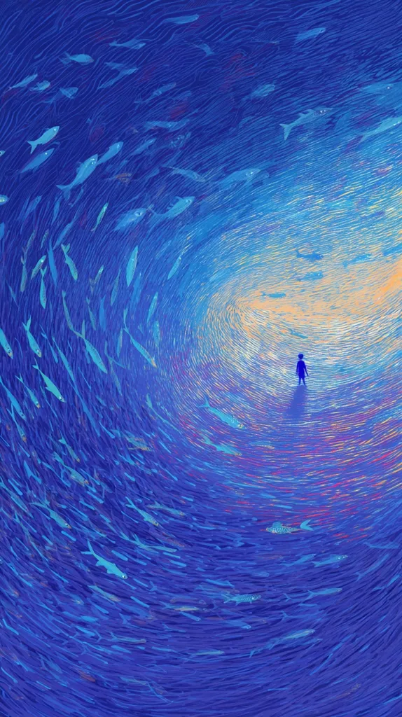 A lone figure stands in the center of a swirling vortex of fish.  The fish, rendered in shades of blue, create a mesmerizing pattern that flows inward towards the person. The colors shift from deep blue at the edges to lighter, warmer tones at the center, creating a striking visual contrast. The overall effect is one of both isolation and wonder.