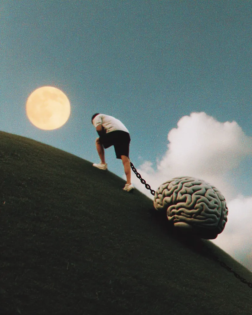 A person ascends a grassy hill under a large, pale moon.  They are dragging a massive, chained model of a human brain uphill. The scene is surreal, suggesting the arduous nature of mental burdens or the effort required for intellectual growth.  The sky is a blend of blue and soft clouds.
