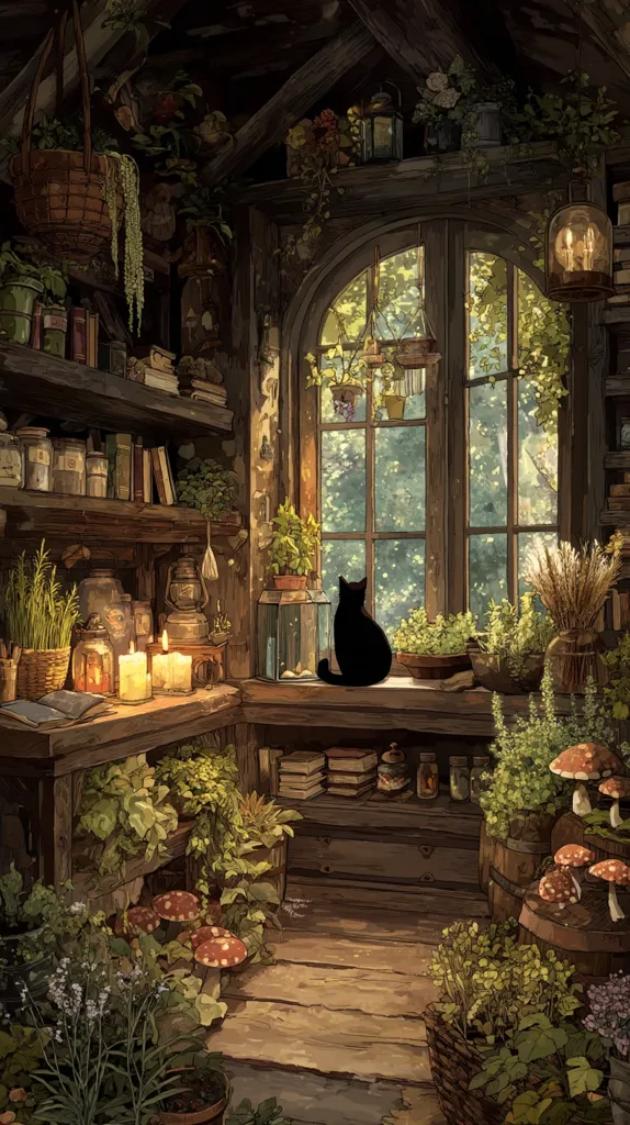 A whimsical, plant-filled cottage interior is bathed in sunlight streaming through a large arched window.  Shelves overflow with jars, books, and herbs. A black cat sits serenely on a windowsill, overlooking a verdant garden.  Candles illuminate a wooden workbench, adding to the cozy, enchanting atmosphere. Mushrooms sprout near potted plants, enhancing the magical ambiance of this enchanting space.