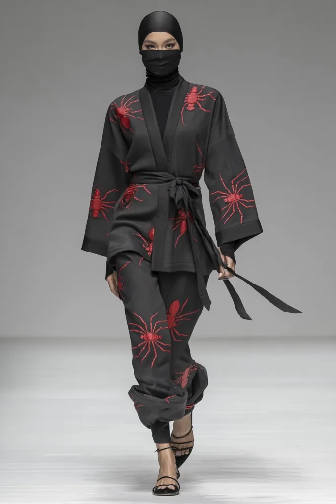 A model walks the runway in a striking black ensemble.  The outfit features a long-sleeved kimono-style jacket and matching trousers, both adorned with a repeated pattern of red embroidered spiders.  A black niqab and turtleneck complete the look, creating a dramatic and visually arresting effect.  The model's black high-heeled sandals add a touch of elegance.