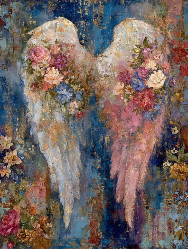 A painting depicts a pair of angel wings adorned with vibrant, multicolored bouquets of flowers.  The wings are rendered in soft, pastel shades of white and pink, contrasting with a deep blue and gold textured background.  The floral arrangements are lush and detailed, creating a sense of ethereal beauty and delicate grace. The overall style is impressionistic, with visible brushstrokes adding to the painting's texture and depth.