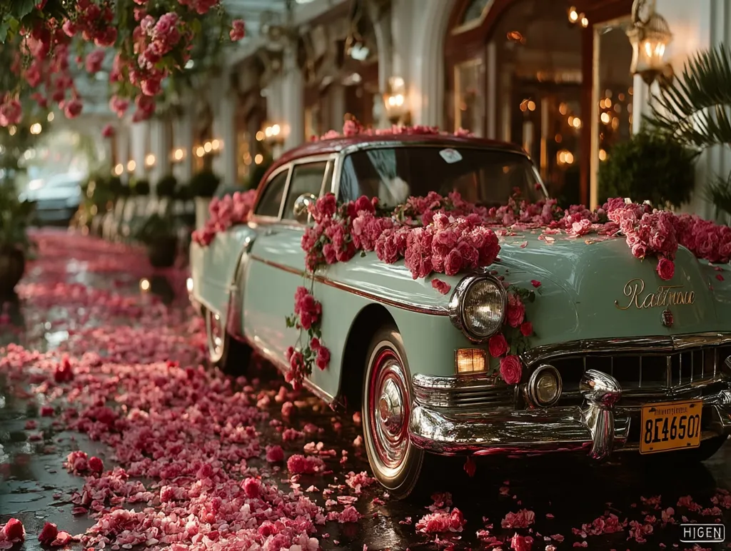 A vintage light teal car, adorned with abundant pink roses, sits on a petal-strewn street.  The car, named "Ratna", is parked under a canopy of overhanging rose bushes.  The scene evokes a romantic, luxurious atmosphere, possibly a wedding or special event.  The setting appears to be a grand, ornate building with classical architecture.