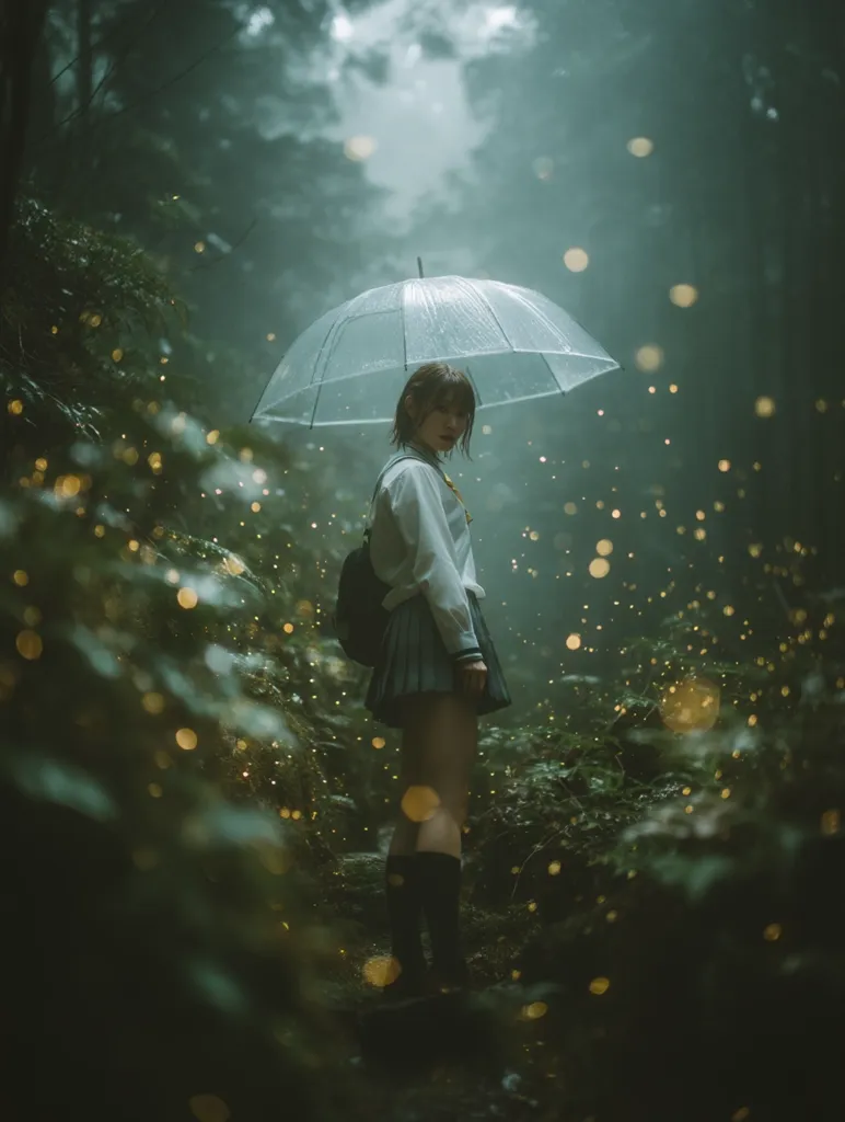 A young woman in a school uniform stands under a clear umbrella in a misty forest.  Fireflies illuminate the scene, creating a magical atmosphere.  The setting is dark and mysterious, with lush green foliage surrounding her. She appears serene, gazing slightly away from the camera. The overall mood is ethereal and slightly melancholic.