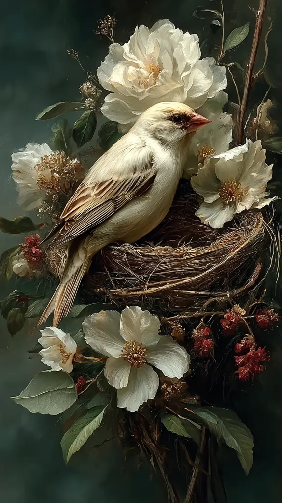 A pale bird, possibly a sparrow, rests in a woven nest nestled amongst a profusion of creamy white blossoms and deep green foliage.  The scene is dark and moody, with the bird and flowers illuminated in soft, diffused light.  Small, dark berries add a touch of contrast to the otherwise light color palette. The overall style evokes a classic still life painting.