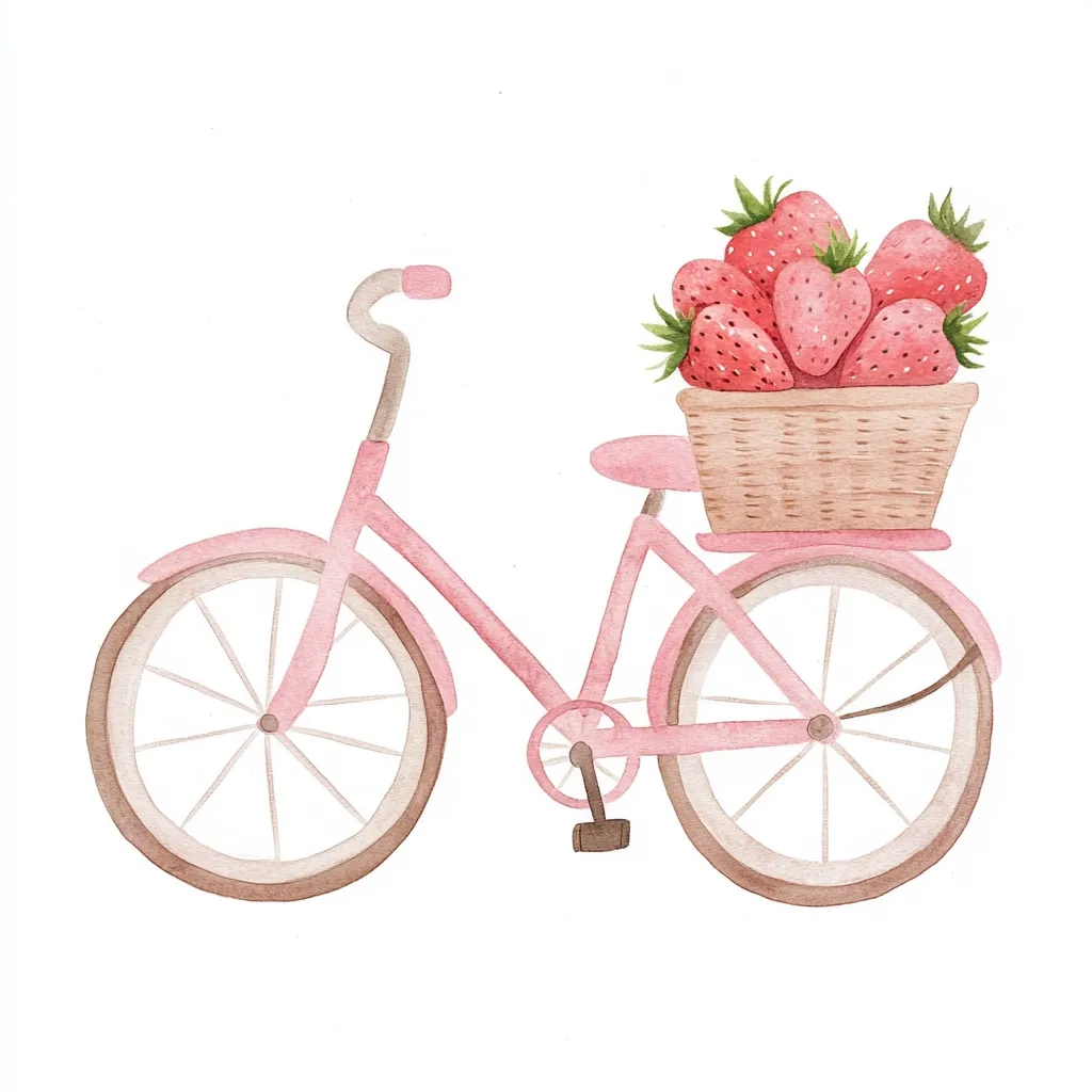 A watercolor painting depicts a pink bicycle with a wicker basket overflowing with ripe strawberries.  The bicycle is a pastel pink, with brown-toned wheels and simple details. The strawberries are brightly colored, adding a vibrant contrast to the soft pink of the bike. The overall style is charming and idyllic, suggesting a summer day and a sweet treat.