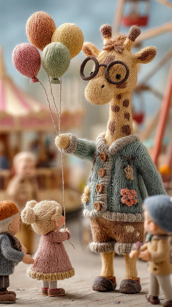 A charming knitted giraffe, wearing glasses and a cardigan, holds a bunch of pastel-colored balloons.  Two small knitted children, a girl in a pink dress and a boy in a grey coat, stand nearby, seemingly captivated by the giraffe. The scene is set against a blurred background suggesting a funfair or carnival atmosphere.  The overall style is whimsical and endearing.