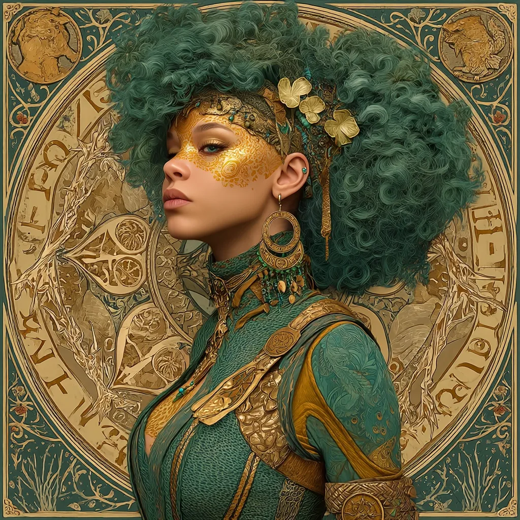 A stylized portrait of a woman with vibrant teal hair, adorned in gold and teal ornate clothing and jewelry.  Her face is partially masked with gold leaf, creating a regal and mysterious air. The background features an intricate Art Nouveau-inspired design in shades of gold and green, complementing the woman's attire. The overall aesthetic is fantastical and opulent.