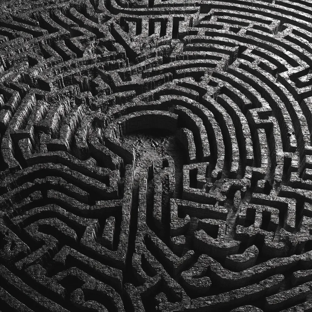 A complex, dark gray, three-dimensional labyrinth is depicted.  The maze's intricate pathways wind and curve in concentric circles, creating a visually dense and challenging pattern. The texture appears rough and possibly stone-like, suggesting a solid, imposing structure.  The overall image evokes a sense of mystery and complexity.