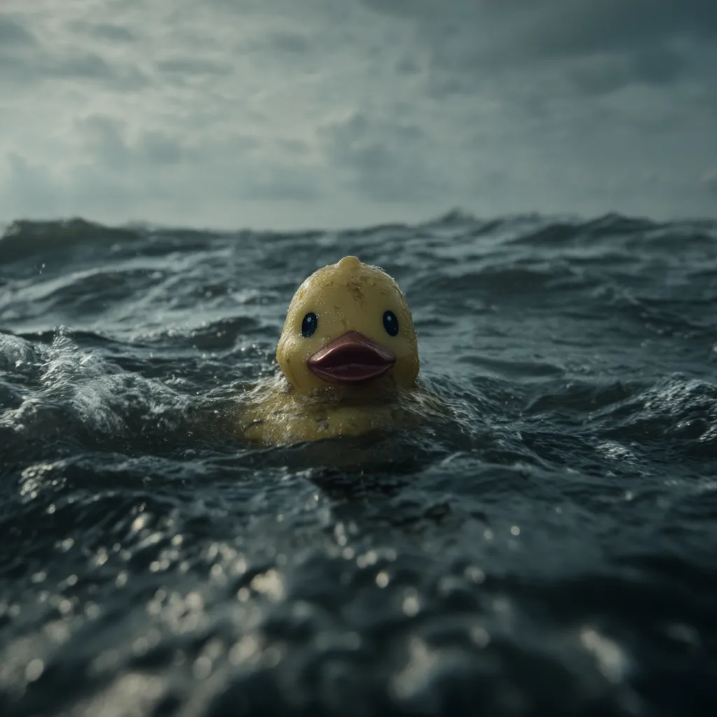 A weathered yellow rubber duck bobs in a turbulent sea under a stormy sky.  The duck's face is partially submerged, its expression unseen. The dark, choppy water contrasts with the duck's faded color, creating a dramatic and slightly melancholic scene.  The overall mood is one of isolation and vulnerability.