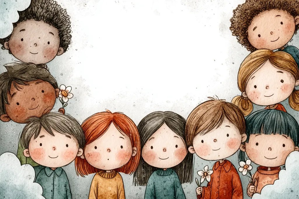 A charming illustration features a diverse group of children arranged in a semicircle against a white background.  Their expressive faces and varied hair colors and styles emphasize their individuality.  Small flowers are held by some children, adding a touch of whimsy. The overall style is cute and heartwarming, perfect for children's books or educational materials promoting diversity and inclusion.