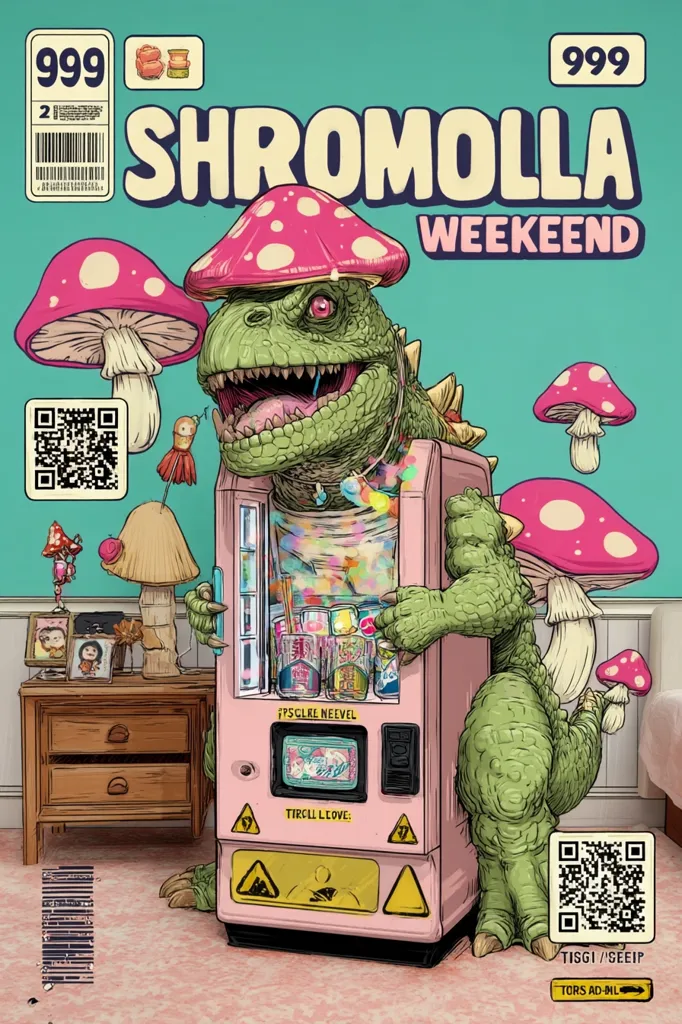 A whimsical illustration depicts a Godzilla-like creature wearing a giant pink mushroom cap.  It stands beside a pastel pink vending machine in a room with mushroom décor and framed photos.  The title "Shromolla WeekEnd" suggests a psychedelic or fantasy theme. QR codes are featured, adding an interactive element. The overall style is cartoonish, vibrant, and playful.