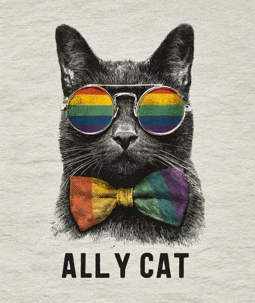 A stylish black cat is depicted wearing rainbow-colored round sunglasses and a bow tie, both incorporating the LGBTQ+ pride flag's colors.  The cat's image is in a vintage, sketched style against a light gray background.  Below the cat, the words "ALLY CAT" are printed, reinforcing the supportive message.