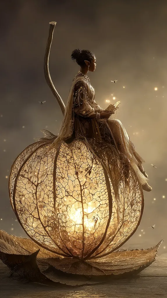 A dark-skinned elf-like woman sits serenely on a glowing, translucent, skeletal plant. She holds a book, her posture suggesting contemplation.  Fireflies dance in the dusky atmosphere surrounding her. The scene evokes a sense of magical realism and quietude, bathed in warm, earthy tones.  The intricate detail of the plant and her elegant attire highlight the image's ethereal quality.