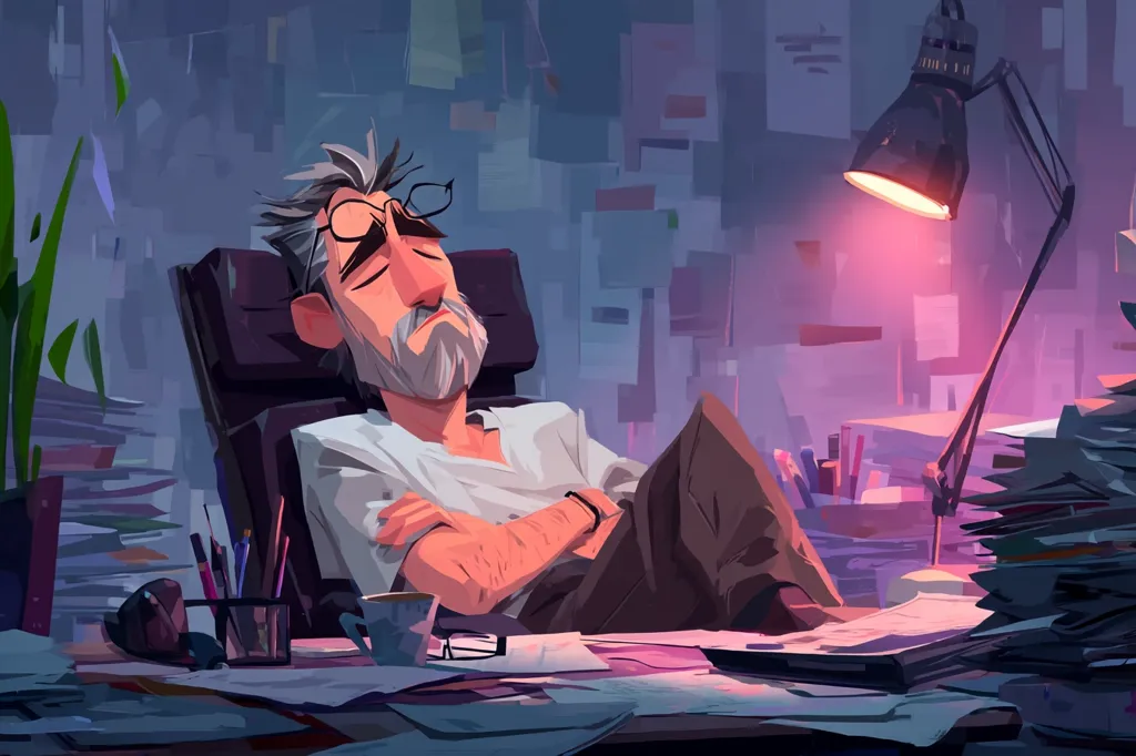 An illustration depicts a tired, elderly man with gray hair and a beard, sleeping in his office chair.  He's wearing a light-colored shirt and dark pants.  The desk is cluttered with stacks of papers, a lamp illuminates the scene, casting a warm glow. The overall atmosphere is one of quiet exhaustion in a very busy workspace.  A mug sits on the desk beside him.