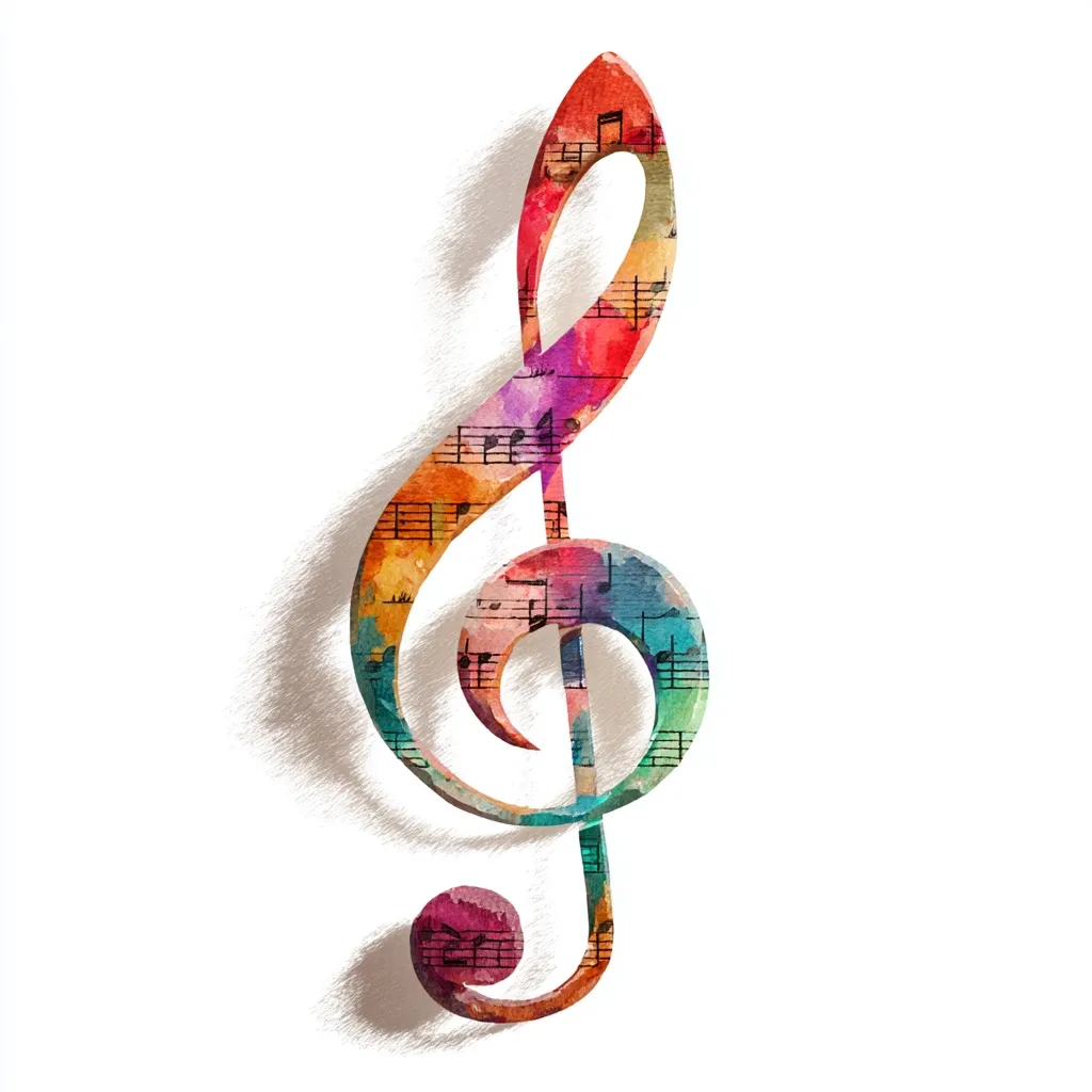 A vibrant treble clef is depicted, rendered in a watercolor style.  The clef is filled with colorful musical notes and sheet music, creating a visually appealing and musically themed design. The artwork suggests a blend of artistic expression and musicality, possibly representing creativity and passion for music. The light shadow beneath adds depth to the image.