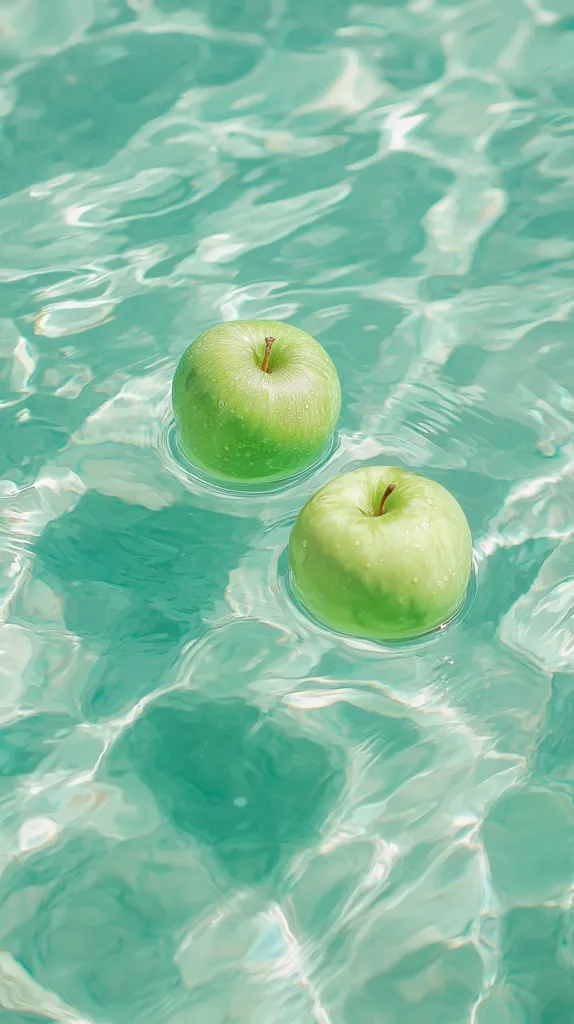Two crisp green apples float serenely in a pool of sparkling, turquoise water. The surface ripples gently around them, creating a calm and refreshing scene.  Sunlight filters through the water, illuminating the apples and enhancing their vibrant color. The overall image evokes a sense of tranquility and summer coolness.