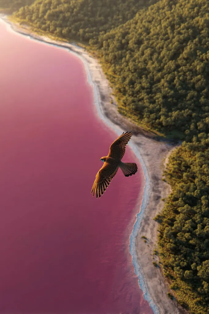An aerial shot captures a falcon in flight over a vibrant pink lake. The lake's shoreline is bordered by lush green vegetation. The contrast between the pink water, the green forest, and the brown falcon creates a striking visual. The image evokes a sense of serenity and the beauty of untouched nature. The falcon appears to be soaring effortlessly above the unique landscape.