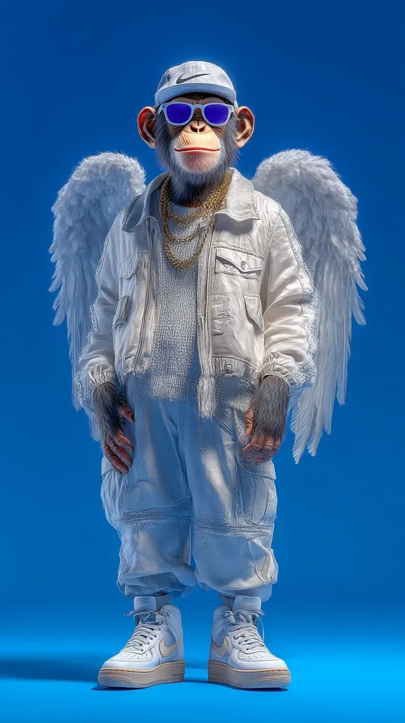 A digital rendering depicts a chimpanzee, adorned in a stylish white outfit – a jacket, pants, and high-top sneakers – and sporting a white cap and sunglasses.  Large, feathery white wings sprout from its back, adding a surreal element to the image.  The chimp also wears gold chains around its neck, completing its fashionable and somewhat angelic appearance. The vibrant blue background enhances the overall effect.