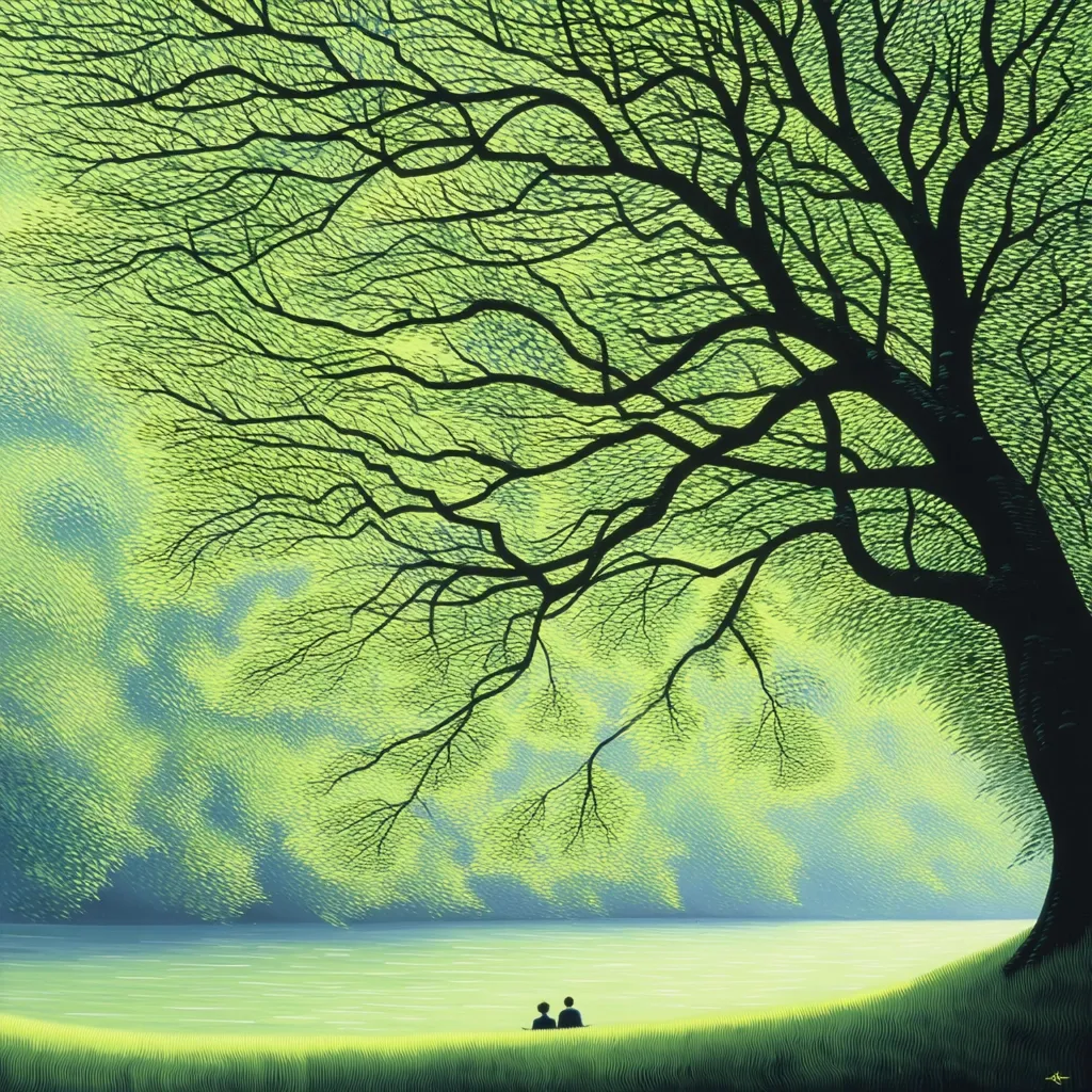 A stylized illustration depicts a serene lakeside scene.  Two figures sit beneath the expansive branches of a large, dark tree, silhouetted against a luminous, lime-green backdrop. The water is calm, reflecting the soft light. The artist employs a distinctive, graphic style, creating a peaceful and somewhat mysterious atmosphere.  The overall impression is one of quiet contemplation in nature.