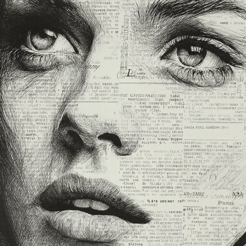 A captivating black and white drawing features a woman's face, intricately rendered with fine lines.  Her eyes, large and expressive, are the focal point, gazing directly at the viewer.  The artist cleverly incorporates fragmented text, creating a textured background that merges seamlessly with the woman's features, resulting in a striking and thought-provoking piece of art. The style is reminiscent of a pointillist or stipple technique.