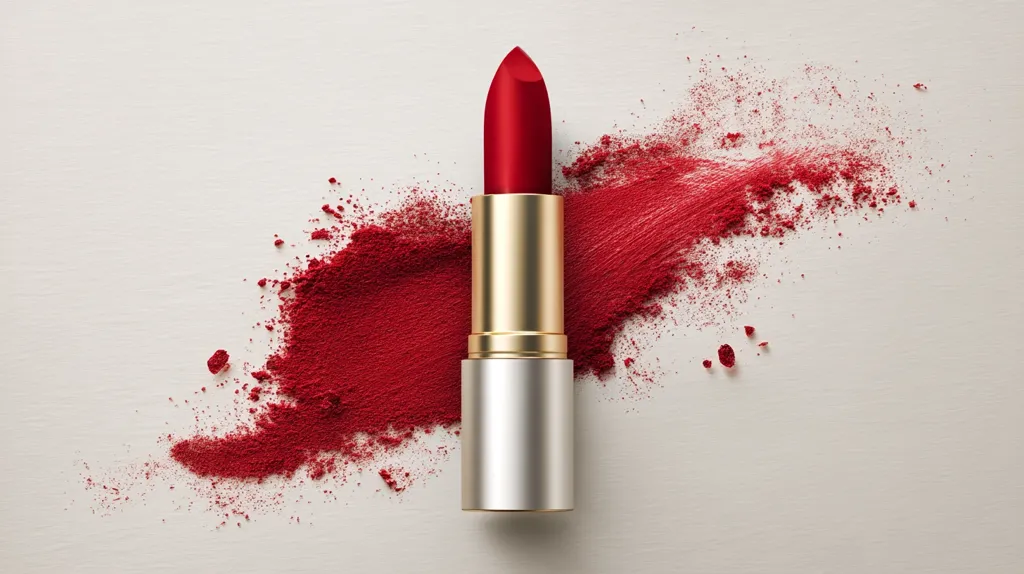A classic red lipstick stands elegantly on a light beige background.  A vibrant crimson powder is artfully swirled behind it, creating a splash of color that complements the lipstick's bold hue. The image evokes a sense of sophistication and beauty, highlighting the rich texture of both the lipstick and the powder. The overall composition is clean and visually striking.