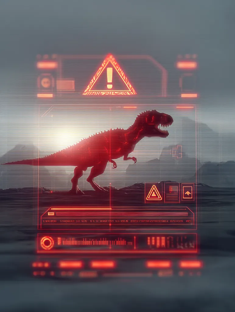 A digital warning interface displays a T-Rex in a desolate landscape.  The red, futuristic HUD features a large exclamation point warning, along with various data streams and controls. The dinosaur is rendered in a translucent red, suggesting a scan or thermal image. The overall aesthetic is gritty and technologically advanced, hinting at a futuristic threat or observation.
